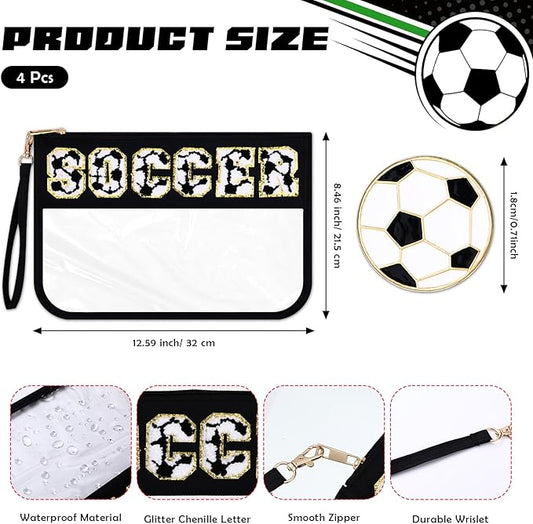 4 Pcs Soccer Bags Gifts Chenille Letter Makeup Bags with 4 Pins Preppy Clear Cosmetic Bag Waterproof Zipper Pouch for Girls Soccer Mom Player Lover Coach