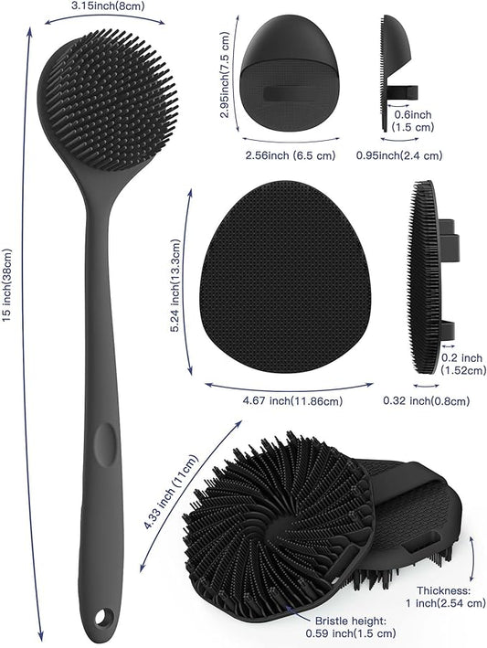 Manmihealth Silicone Back Scrubber & Soft Bath Glove Set 4 PCS(Thin Bristles), Super-Exfoliating Body Scrubber & Super-Lathering Shower Brush Combination, with 2 Free Hooks (Black)
