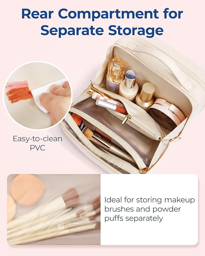 BAGSMART Travel Makeup Bag Large Capacity Cosmetic Bag, Wide-open Portable Make Up Bag Organizer for Women for Travel Essentials Travel-Size Toiletries Accessories Bottles, Brushes (Warm Gray)