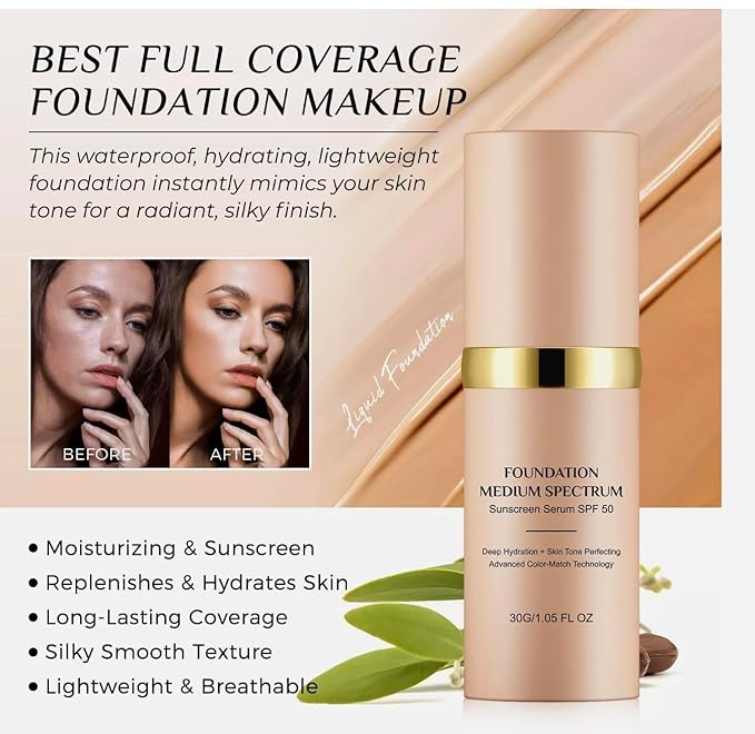 Foundation 4 in 1 - Medium Spectrum with SPF 50+, Anti-Aging, Concealer, Sun Protection, Hydrating Color Changing Foundation Makeup Liquid - Longwearing & Waterproof for Sport, Dancing (1PC, 30ml)