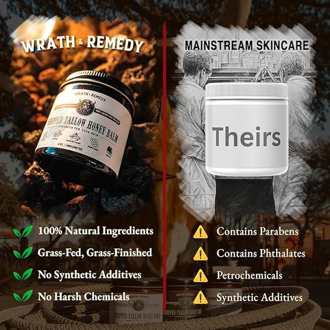 Wrath & Remedy Handmade Whipped Organic Beef Tallow for Skin - 4 OZ (3-Pack) β Grass Fed Beef Tallow Moisturizer and Honey Balm for Silky, Sensitive-Skin, Eczema, Rosacea - Free of Harsh Chemicals