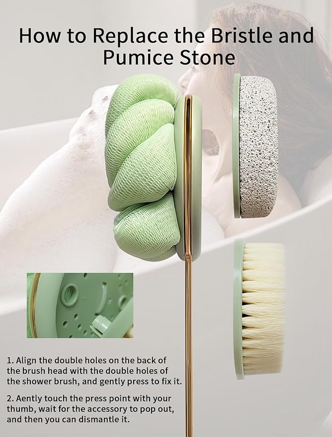 3-in-1 Back Scrubber for Shower Soft Bath Brush Long Handle for Skin Exfoliating Double-Sided Bath Loofah Exfoliating Massage Bristles Suitable for Wet, Women & Men(Green) (RH660-GREEN)