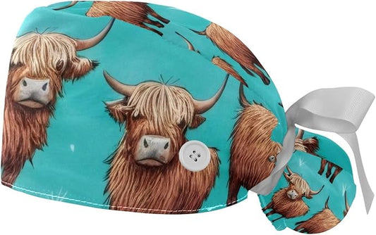 2 PCS Bouffant Cap with Button Ponytail Pouch Working Cap Sweatband Adjustable Surgical Cap Black and White Cow
