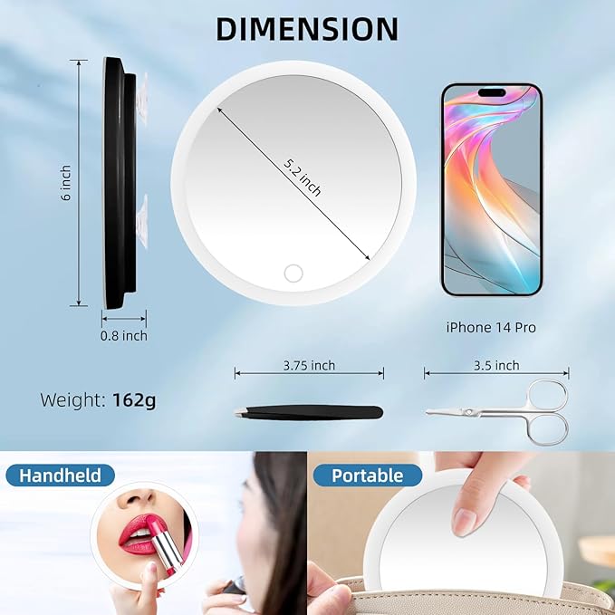 20X Magnifying Mirror with Lights, 20X Magnified Mirror with 3 Color Lighting Adjustable Brightness, 6inch Travel Magnification with 3 Suction Cups - Includes Tweezers & Scissors