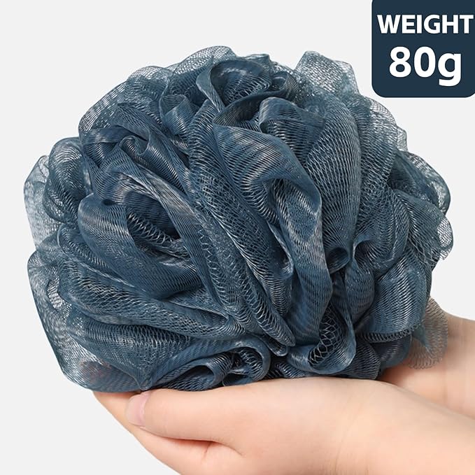 6-Pack 80g Shower Loofah for Men – Extra-Large Body Sponge with Triple-Tied Knots, High-Density Mesh, Rich Lather, Durable Exfoliating Pouf (Blue)