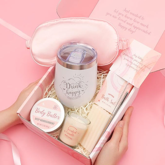 Bath & Body Rose Spa Set - 8 Pcs Gift for Women, Self Care Kit Includes Wine Tumbler, Sleep Eye Mask & More