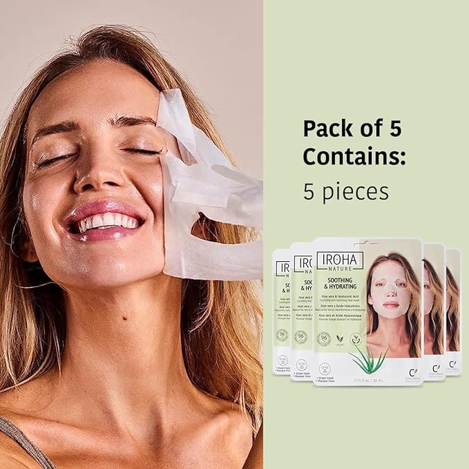 IROHA NATURE Comforting & Hydrating Tissue Face Mask with Aloe Vera | 5 Pack | Aftersun Effect | 96% Natural Ingredients