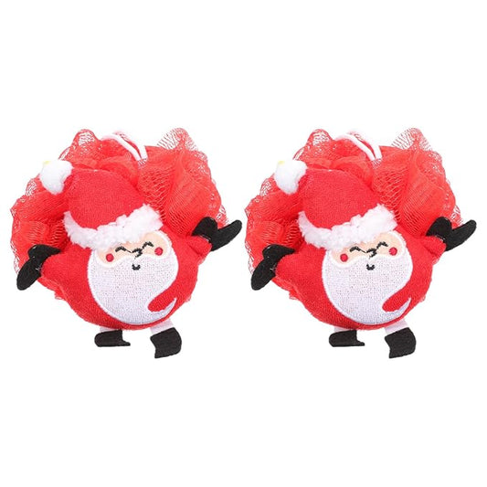 Santa Shower Pouf Towels 2pcs Bath Loofahs Christmas Santa Shower Sponges Exfoliating Mesh Pouf Bath Body Scrubber Bathing Flowers for Holiday Bathroom Decoration Red Washcloths