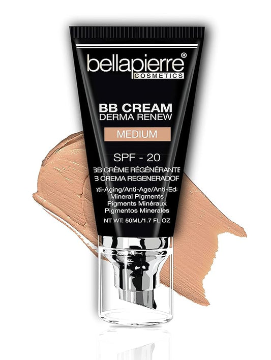 bellapierre BB Cream with SPF 20 - Tinted Sunscreen, Concealer, Matte Foundation, & Moisturizing Face Cream | Lightweight Formula + Pump Top Applicator | Non-Toxic & Paraben Free | 1.7 Oz - Medium