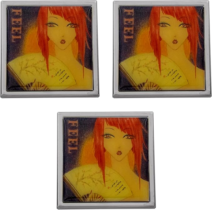 Stephanie Imports Set of 3 Double Sided Magnifying Compact Slim Mirrors with Printed Insert (Anime Feel, Square)