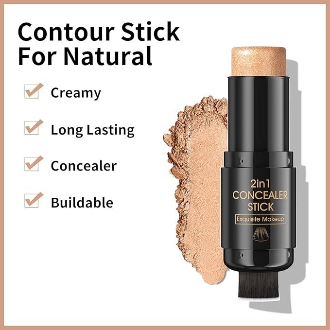 2 In 1 Highlighter Makeup Stick with Built-In Brush, Glow Highlighter Stick Makeup for Face and Body, Long Lasting, Waterproof, Matte (#03)