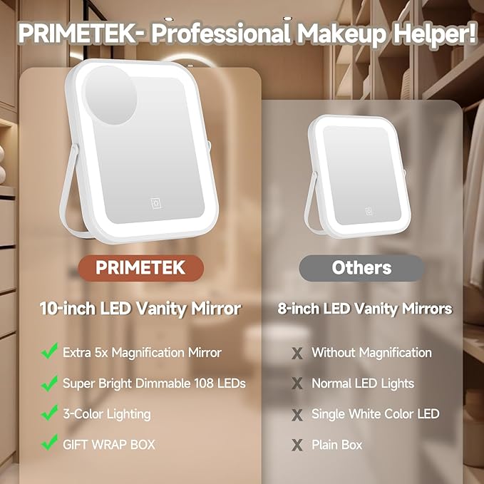 PRIMETEK LED Vanity Mirror with Gift Box, 10"x8" Lighted Hollywood Makeup Mirror, Portable Travel Makeup Mirror with Lights, 3-Color Lighting, 5X Magnification, for Vanity Desk, Bedroom, Gifts for Her