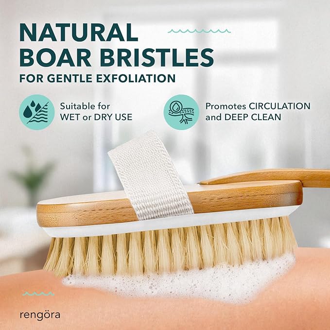 Long Handled Back Scrubber for Shower 18"" Handle Boar Bristle Back Brush โ Wooden Bath Brush, Back Scrubbing Brush, Shower Brush, Body Scrub Brush, Bath Brush Long Handle for Shower by rengรถra