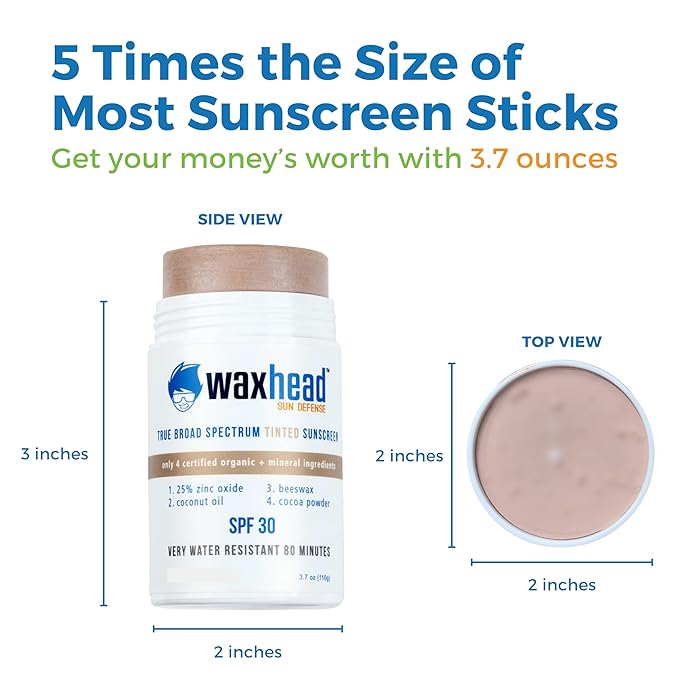 Waxhead Tinted Zinc Sunscreen Stick Face SPF 30 - Reef Safe Sunscreen, Tinted Zinc Oxide Stick Biodegradable, Waterproof, Skin Tone, Food-Grade, Non-Nano, Natural Non-Toxic Kids, Surfing (Tint, 3.7oz)