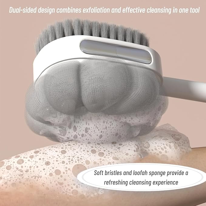 2-in-1 Shower Back Brush – Dual-Sided Scrubber with Soft Bristles & Loofah Sponge, Detachable Handle for Daily Bathing, Gentle and Travel-Friendly