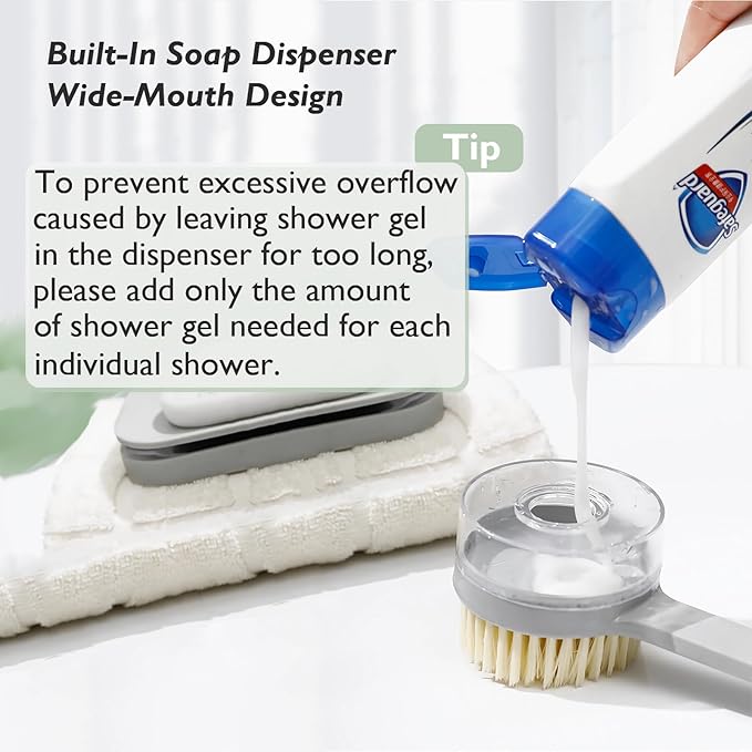 Bath Body Brush with Built-in Soap Dispenser - Exfoliating and Cleansing Shower Brush, 15 inch Long Handle Back Scrubber, Versatile Silicone Exfoliating Tool (Grey)