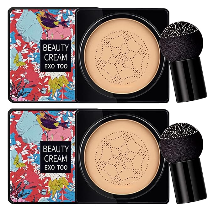 NUIBO 2 Pack Mushroom Head Air Cushion CC Cream Foundation, Moisturizing BB Cream, Long Lasting Matte Concealer with 2PCS Mushroom Head Sponges (Natural)β¦