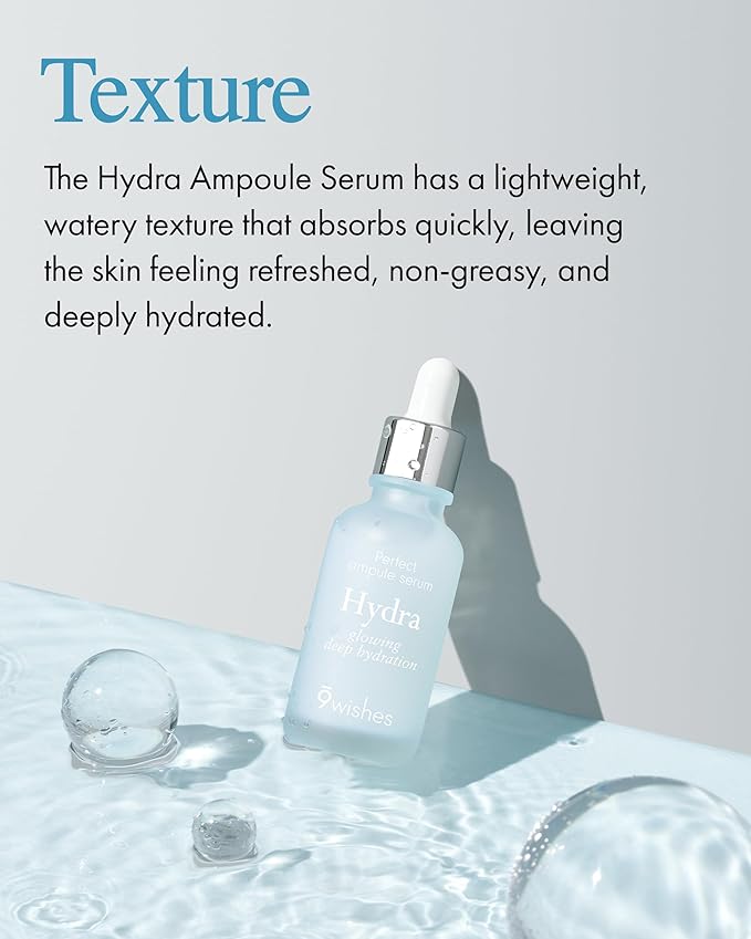 9 Wishes Hydra Ampoule II (1.01 fl oz) β Award-Winning Hydrating Serum for Face with Hyaluronic Acid, 55% Coconut Water, 72-Hour Long-Lasting Moisture, Korean Glass Skin Effect