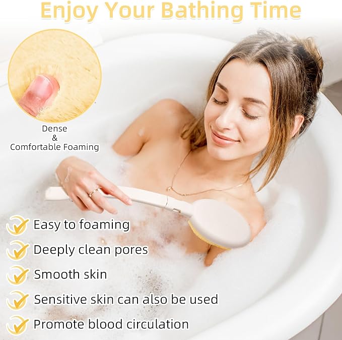 LFJ 19" Long Handle Shower Sponge Brush Set, 3 in 1 Body Brush, Bath Sponge and Lotion Applicator Improved Skin Health, Suitable for Men and Women (White Brush-1P)