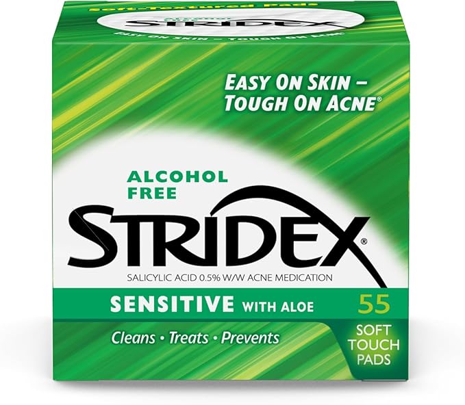 Stridex Medicated Acne Pads, Sensitive, 55 Count β Facial Cleansing Wipes, Alcohol Free Face Treatment, For Mild to Moderate, Smooth Application