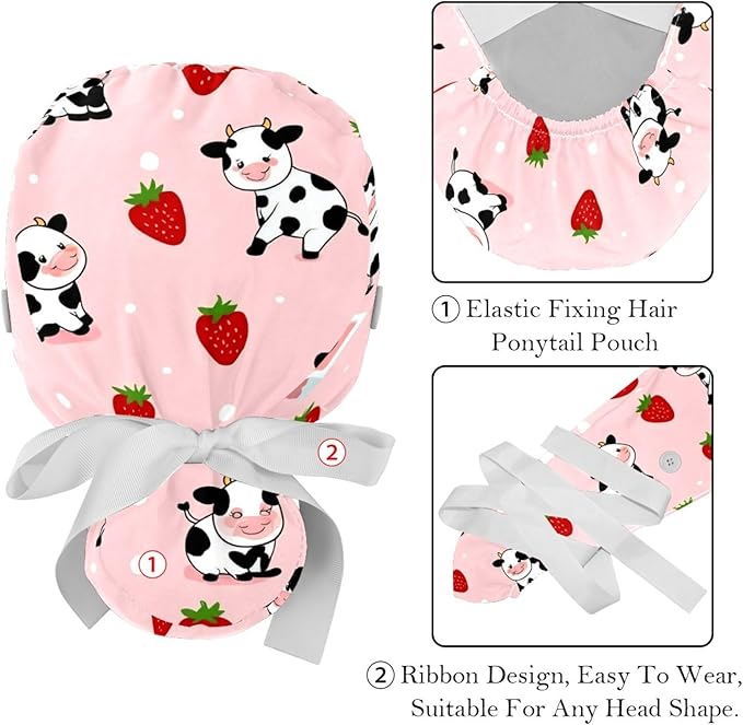 2 PCS Bouffant Cap with Button Ponytail Pouch Working Cap Sweatband Adjustable Surgical Cap Black and White Cow