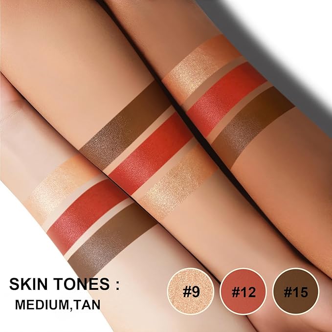 Lezero 3Pcs Contour Stick Makeup Kit, Shades with Highlighter, Blush and Bronzer Trio for Sculpt the Cheeks and Body, Longwear, Waterproof, Dewy & Matte Finish, MEDIUM (09,12,15)