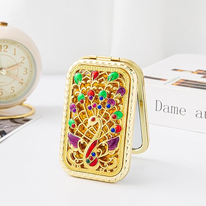 1PC Vintage Spread The Wings Peacock Pattern Cosmetic Makeup Pocket Purse Magnification Jewel Mirror οΌRectangleοΌ