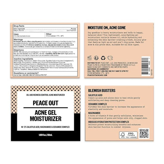 PEACE OUT Skincare Acne Gel Moisturizer, For Daily Facial Use with Salicylic Acid & Niacinamide, Boost Hydration and Help Prevent Acne & Blackheads, for Men & Women, 1.69 fl oz