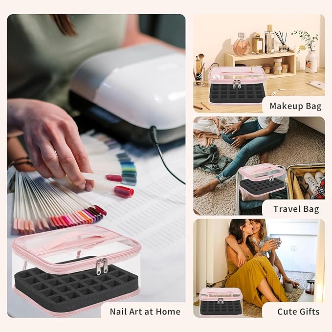 Beloving Clear Nail Polish Organizer Holds 30 Bottles PVC Nail Polish Case See-Through Nail Supplies with Manicure Tools Storage Sections, Portable Travel Nail Tech Carrying Bag for Storage Display