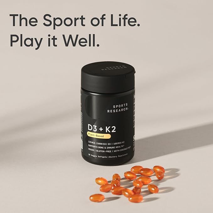 Sports Researchยฎ Vegan D3 10,000iu with Vitamin K2 100mg - Formulated with Coconut MCT Oil - Vegan Certified, Soy & Gluten Free - 60 Softgels