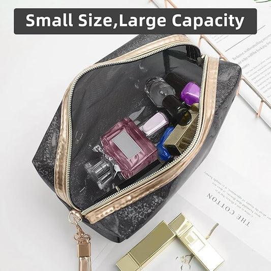 Clear Colorful Makeup Bag, Thick PVC Small Clear Toiletry Bag for Travel, Waterproof Cosmetic Bag with Durable Zipper & Detachable Strap, Cute Transparent Pouch Organizer for Women, 7.1×4×3 In Black