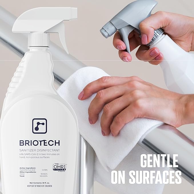 BRIOTECH Sanitizer Disinfectant Hypochlorous, Kill 99.99% of Viruses & Bacteria, Control Mold, Eliminate Odor, Gentle for Nursery & Play Rooms, Food Contact Surface Sanitizer, 1 Gallon Refill (4 Pack)