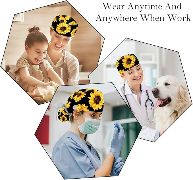 2 PCS Bouffant Cap with Button Ponytail Pouch Working Cap Sweatband Adjustable Surgical Cap Black and White Cow