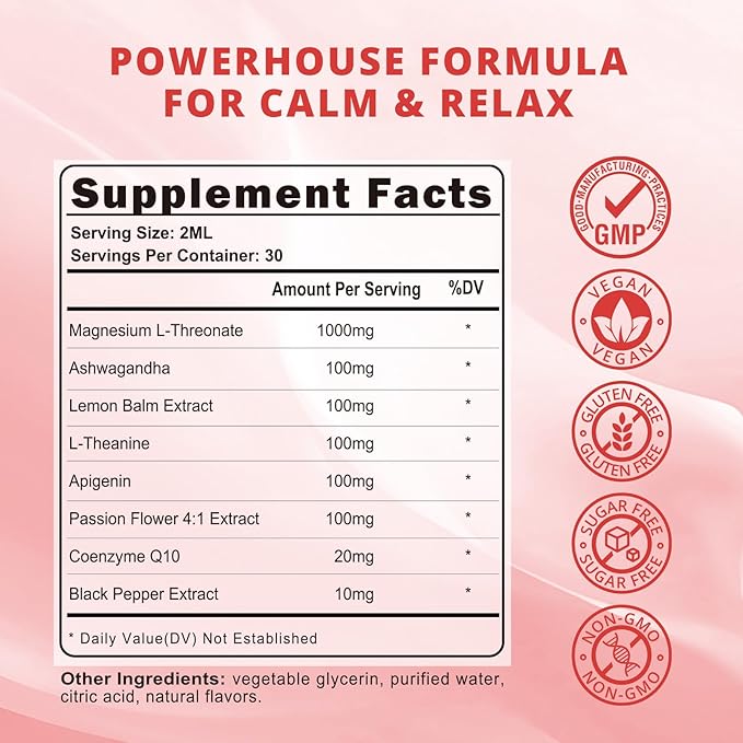 Magnesium L-Threonate Liquid Drops with Apigenin & L-Theanine, High Absorption Magnesium Threonate Supplement for Sleep, Brain Health and Cognitive Function, Raspberry Flavor, 60ML
