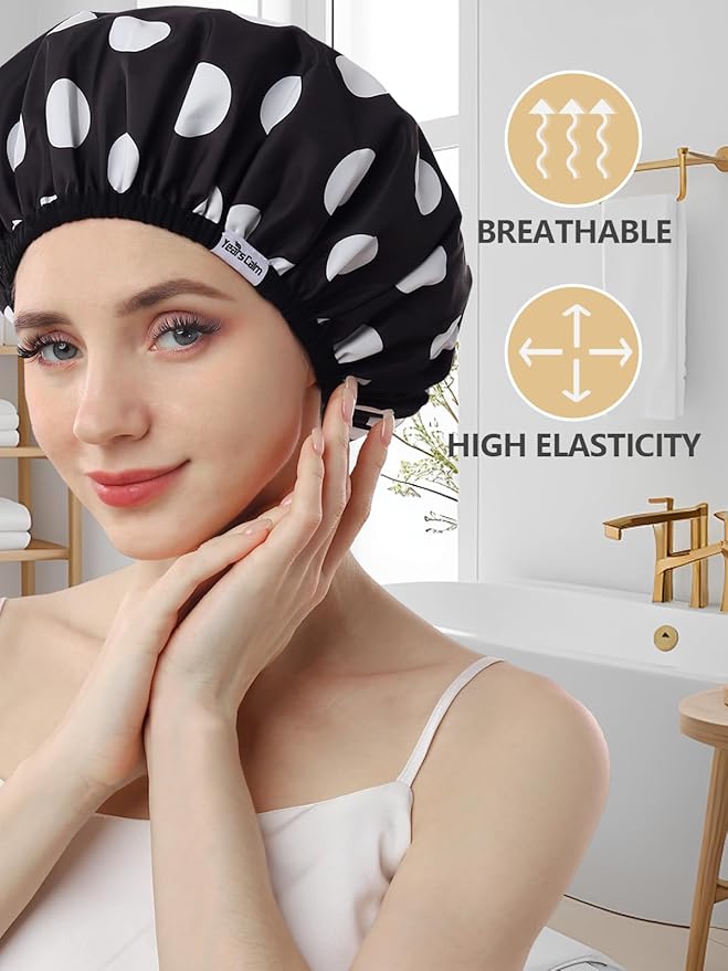 Years Calm Shower Caps For Women Reusable Waterproof,Pattern And Solid Color Dual-Layer Design For Dual-Layer Usable,Protects Hair In Shower, Spa, Cooking, Clean & Travel (Black, One Size)