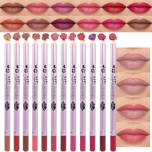 12 Pcs Natural Nude Brown Beige Colors Lip Liner Lipstick Pencils Set for Daily Makeup,Easy to Apply & Remove,Waterproof (set12)