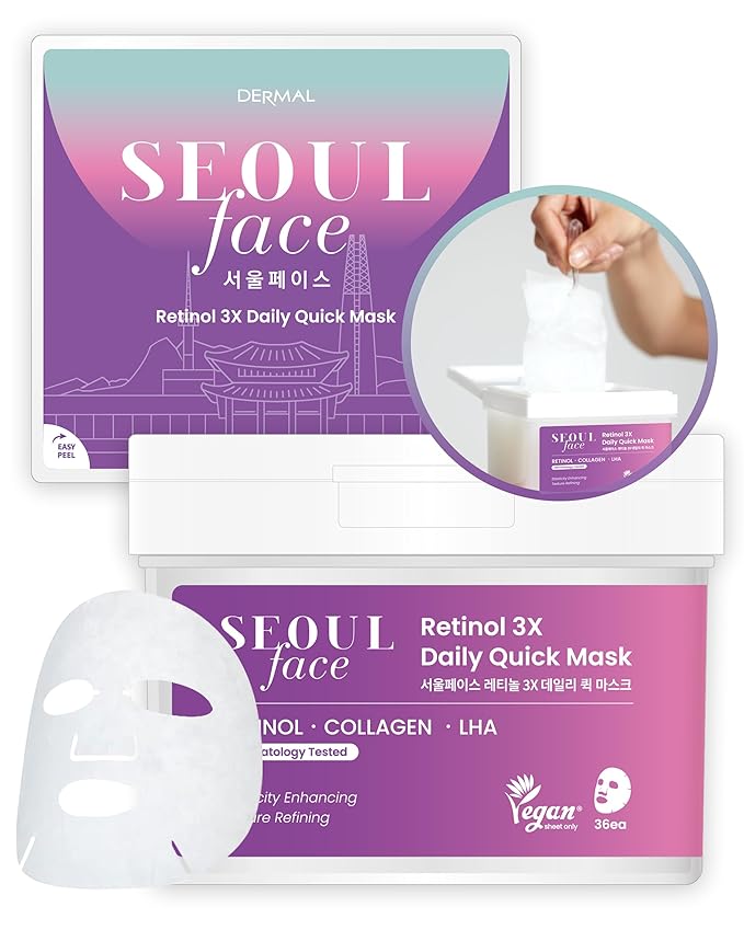DERMAL Seoul Face Retinol 3X Daily Quick Mask 36 Sheet β Korean Skincare Vegan Tencel Facial Masks - Anti Aging, Wrinkle Improvement Mask Sheets with Collagen, LHA, Peptide