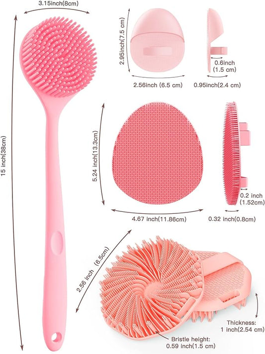 Manmihealth Silicone Back Scrubber & Soft Bath Glove, Silicone Scalp Massager Set 5 PCS, Super-Exfoliating Body Scrubber Shower Brush & Shampoo Brush Combination, with 2 Free Hooks (Style 1 Pink)
