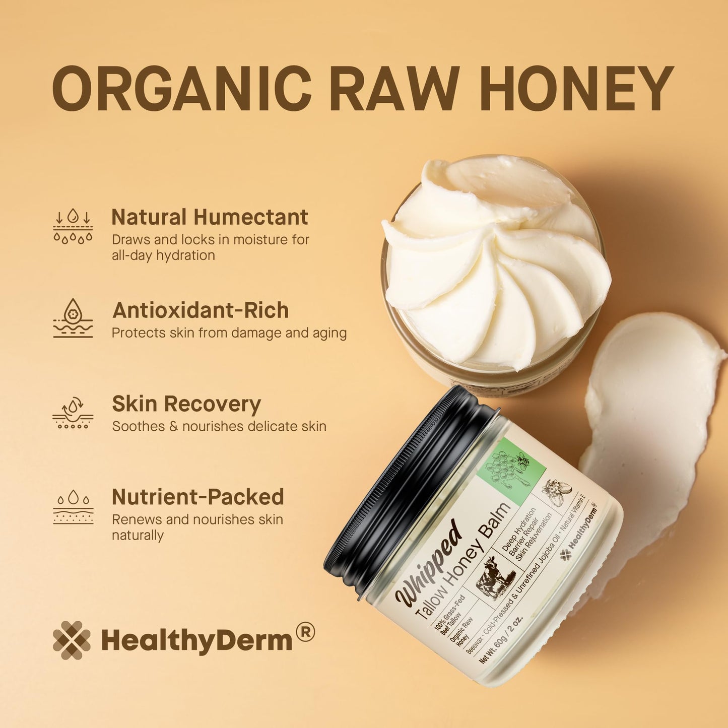Beef Tallow Honey Balm for Skin: 100% Grass Fed Whipped Organic Moisturizer with Organic Raw Honey, Jojoba Oil, Vitamin E – Natural Face and Body Care for Mature, Dry or Sensitive Skin, 2oz