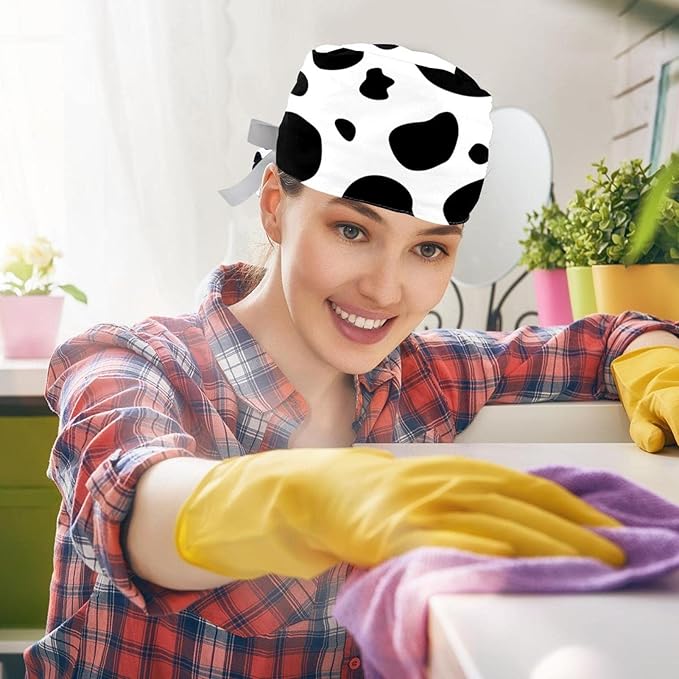 2 PCS Bouffant Cap with Button Ponytail Pouch Working Cap Sweatband Adjustable Surgical Cap Black and White Cow