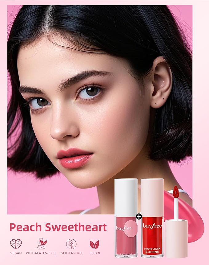 Tinted Lip Oil & Lip Stain Set, Korean Makeup, Smudge-Proof,Long-Wearing, 2-in-1 Cheek and Lip Tint with Moisturizing, High-Shine, Lightweight & Non-Sticky for Dry Lips, Cruelty-Free & Vegan