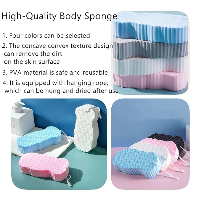 2 Piece Ultra Soft Exfoliating Bath Sponge,Soft Bath Body Shower Sponge,Spa Scrub Exfoliator Dead Skin Remove,3D Bath Sponges for Shower,Reusable Bath Sponge for Adults Children (Grey+White)