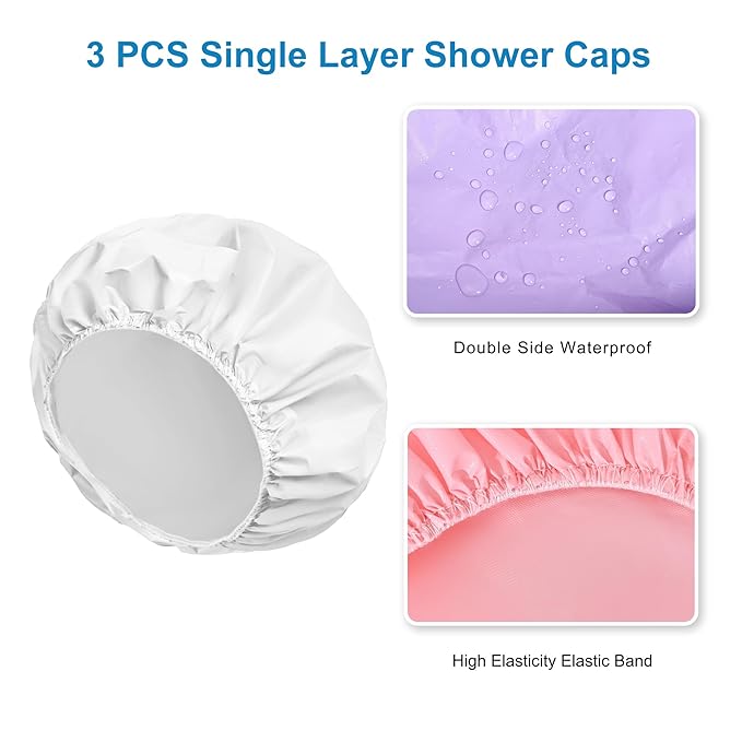 Shower Cap for Women Set of 4, 1 Double-Layer Waterproof Bath Cap + 3 Single-Layer Waterproof Shower Caps β Reusable Hair Protector, TPU Coated Elastic Bathing Cap for Women & Men - Blue