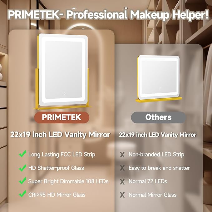 PRIMETEK Vanity Mirror with Lights, 19"x22" Large Makeup Mirror with Lights, LED Lighted Makeup Mirror, Touch Screen with 3-Color Lighting, Dimmable for Vanity Desk Tabletop, Bedroom, Gold