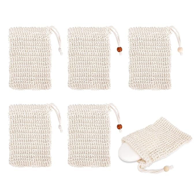6 Packs Natural Sisal Bag - Exfoliating Foaming Pouch - Scrubber for Bath - Multiple Holders - Saver Bag Extend The Life of Your Soap Bar