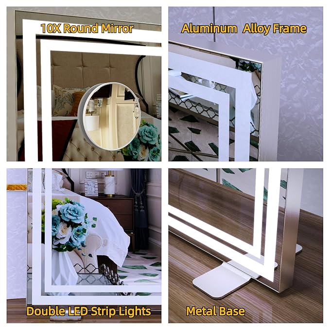 BEAUTME Vanity Mirror,40x24.3 Inch, Hollywood Mirror with Double Led Strips,Makeup Mirror for Dressing Room & Bedroom, Desktop Mirror/Wall Mounted Mirror 1.8M Charger Cable,Aluminium Frame,Silver