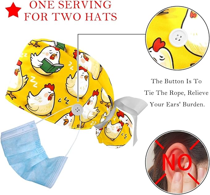 2 PCS Bouffant Cap with Button Ponytail Pouch Working Cap Sweatband Adjustable Surgical Cap Black and White Cow