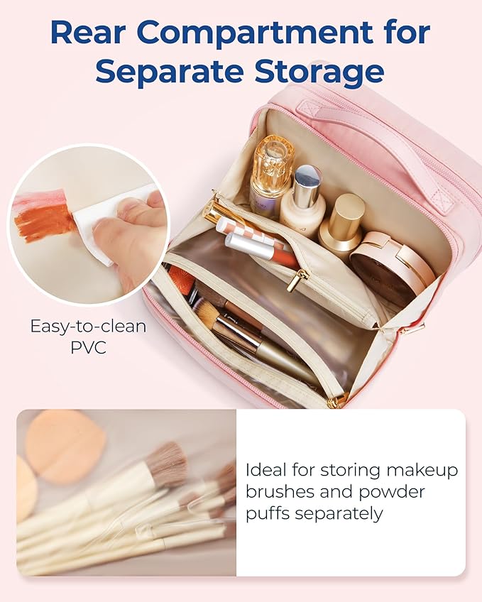 BAGSMART Travel Makeup Bag, Make Up Bag with Multiple Compartments for Organizer, Compact & Durable Cosmetic Organizer for Women for Travel Accessories (Pink
