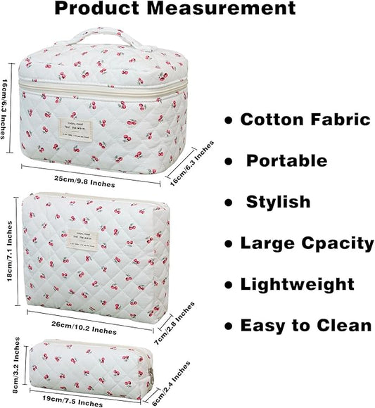 3 Pack Makeup Bag Set, Quilted Cosmetic Bag, Large Floral Makeup Bags, Cotton Makeup Bags, Coquette Makeup Pouch, Make Up Organizer Bag, Flower Travel Toiletry Bag (Cute Cherry)