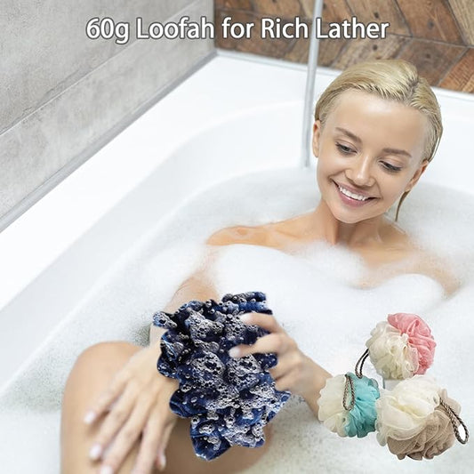 Loofah Sponge, Qewro Loofa Exfoliating Back Bath Sponge Shower Scrubber for Body, Luffa for Men Kids Women, Shower Puff Bath Pouf for use in Shower, Lufa or Loufas Flowers (5pack Blue and White)